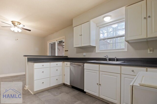 130 Melrose Pl, Rincon, GA 31326 - kitchen featuring a sink, white cabinetry, a peninsula, stainless steel dishwasher, and ceiling fan