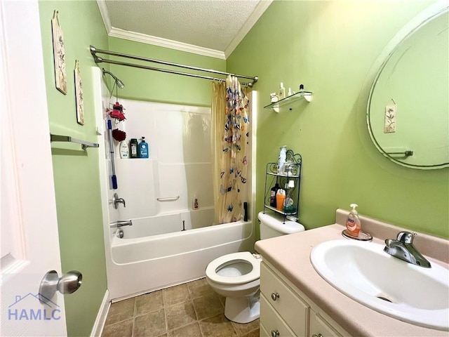 full bathroom featuring ornamental molding, shower / bathtub combination with curtain, a textured ceiling, and vanity