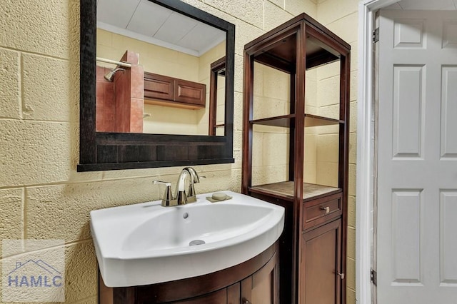 bathroom with vanity and wood walls