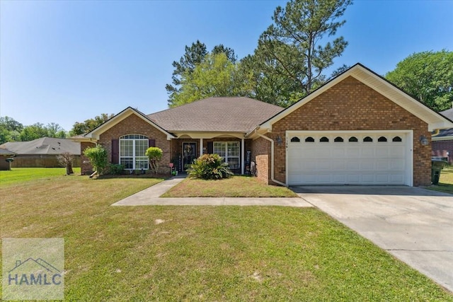 ranch-style house with a garage, concrete driveway, a front yard, and brick siding