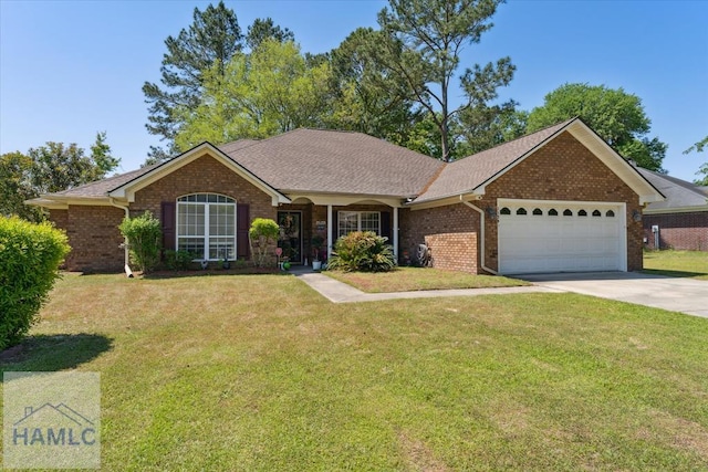 ranch-style home featuring driveway, a front yard, brick siding, an attached garage, and a shingled roof