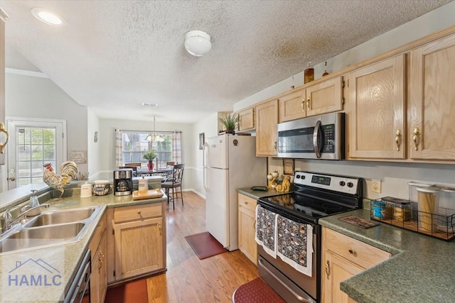kitchen with a sink, light wood finished floors, light brown cabinets, a textured ceiling, and stainless steel appliances