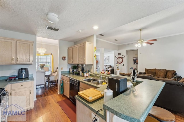 kitchen with a sink, light brown cabinets, open floor plan, and dishwasher