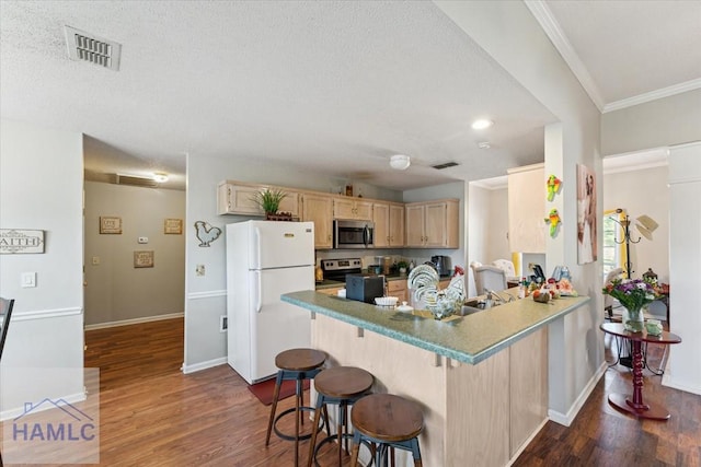kitchen with visible vents, light brown cabinets, dark wood-style floors, a kitchen bar, and appliances with stainless steel finishes