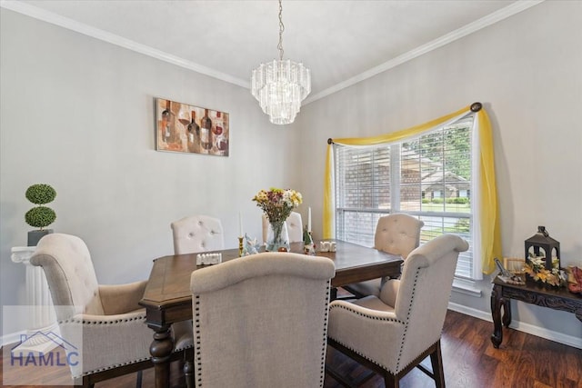 dining area with baseboards, an inviting chandelier, ornamental molding, and wood finished floors