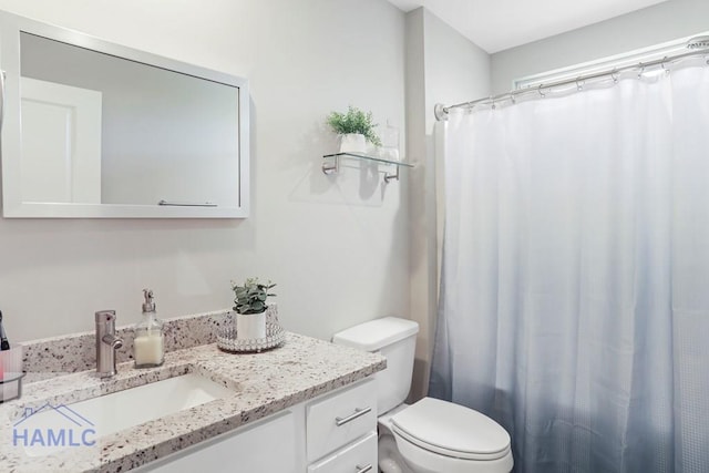 full bath featuring vanity, a shower with shower curtain, and toilet