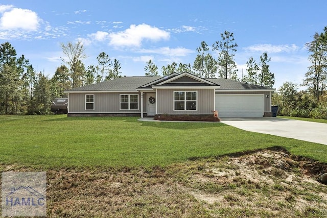 ranch-style house featuring concrete driveway, a garage, and a front lawn