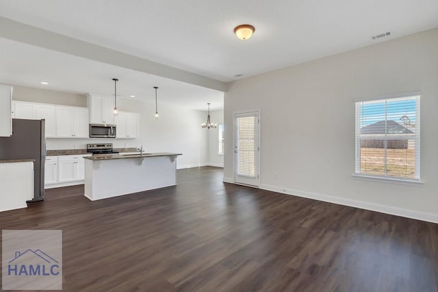 kitchen with stainless steel appliances, white cabinetry, hanging light fixtures, a healthy amount of sunlight, and a kitchen island with sink