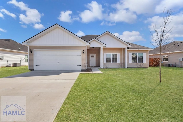 ranch-style house with a garage and a front yard