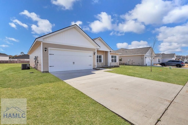 single story home featuring a garage, a front yard, and central AC unit