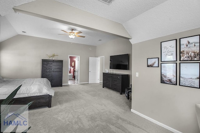 26 Sunflower Cir, Ludowici, GA 31316 - bedroom featuring vaulted ceiling, a textured ceiling, baseboards, light colored carpet, and connected bathroom