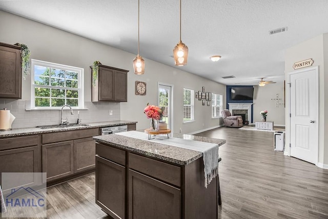 26 Sunflower Cir, Ludowici, GA 31316 - kitchen featuring a sink, light wood-style floors, a fireplace, a ceiling fan, and backsplash