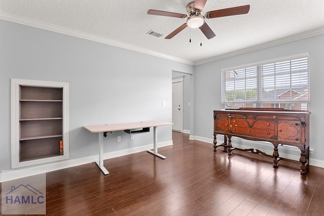 42 Kinlock Ct, Midway, GA 31320 - office with a ceiling fan, a textured ceiling, built in features, wood-type flooring, and crown molding