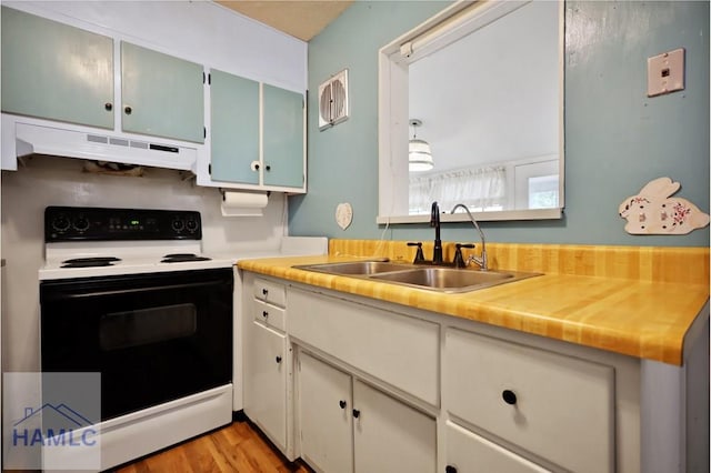 985 Seven Oaks Rd, Jesup, GA 31546 - kitchen featuring range with electric stovetop, under cabinet range hood, a sink, and light countertops