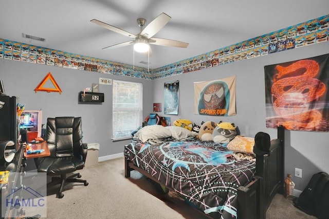 carpeted bedroom with visible vents, ceiling fan, and baseboards