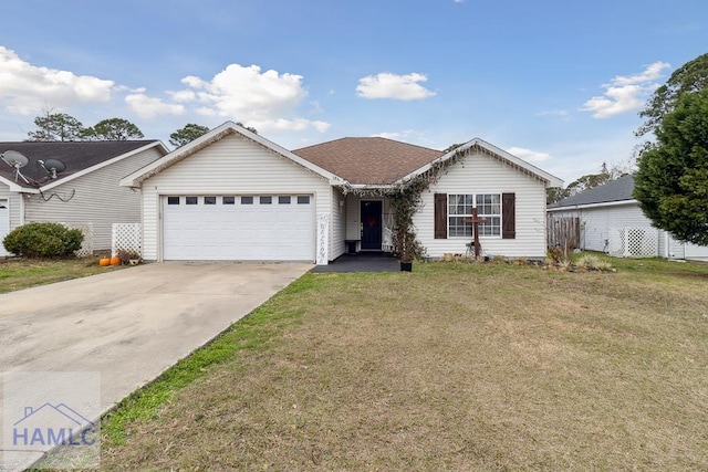 ranch-style house featuring a front lawn and a garage