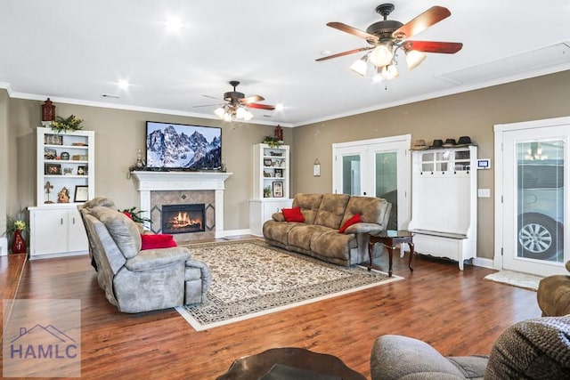 195 Linden Dr, Jesup, GA 31545 - living room featuring ceiling fan, wood finished floors, and ornamental molding