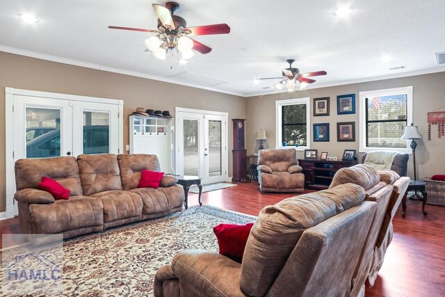 195 Linden Dr, Jesup, GA 31545 - living area with wood finished floors, ceiling fan, and french doors