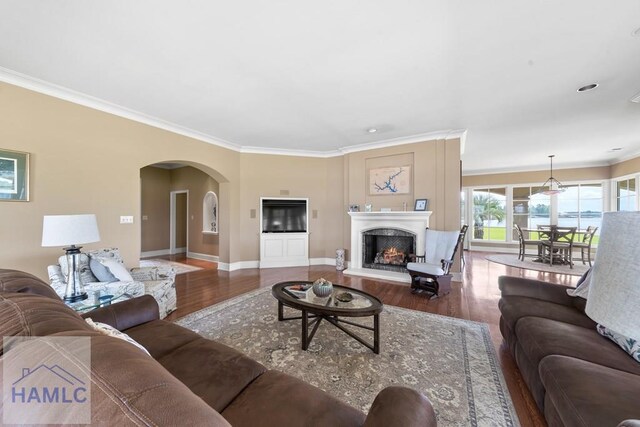 745 Chickasaw Trl, Sparta, GA 31087 - living room with wood finished floors, ornamental molding, arched walkways, a lit fireplace, and baseboards