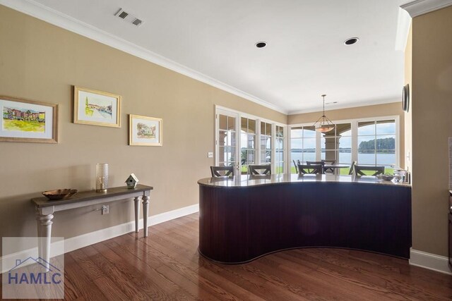 745 Chickasaw Trl, Sparta, GA 31087 - kitchen featuring dark wood-style flooring, ornamental molding, baseboards, a water view, and a peninsula