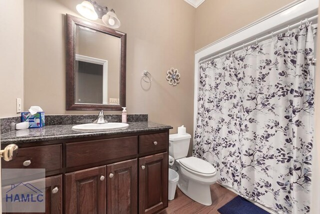 745 Chickasaw Trl, Sparta, GA 31087 - full bathroom featuring toilet, vanity, wood finished floors, and curtained shower