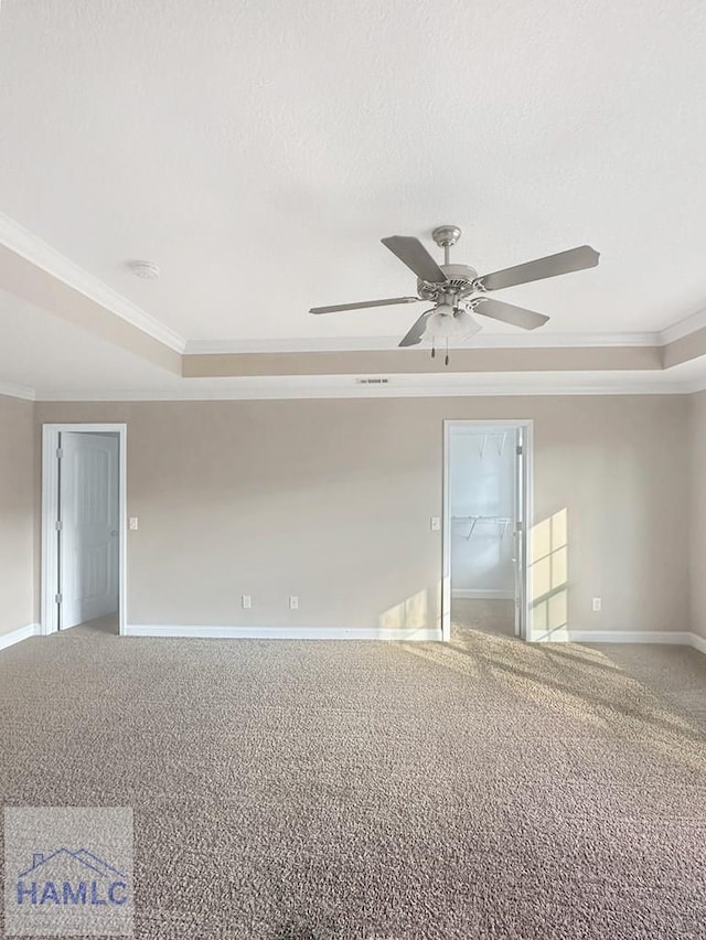 spare room with crown molding, carpet flooring, a tray ceiling, and a textured ceiling