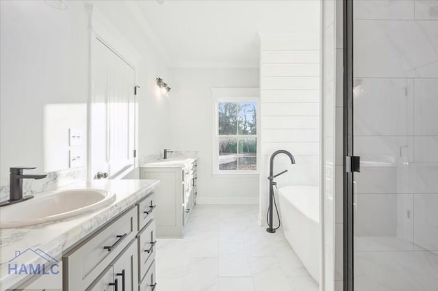 bathroom featuring vanity, ornamental molding, and independent shower and bath