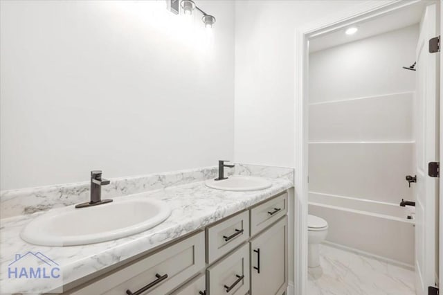 full bathroom with vanity, toilet, and tub / shower combination