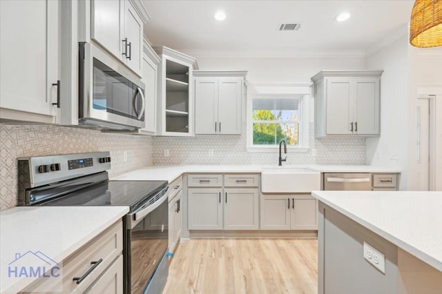 kitchen featuring sink, stainless steel appliances, tasteful backsplash, crown molding, and light wood-type flooring