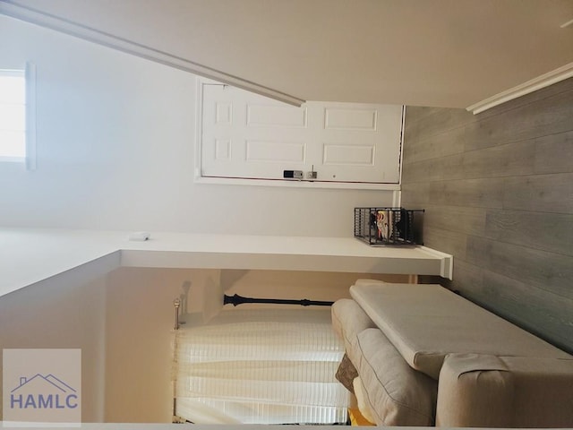 laundry area with wood walls