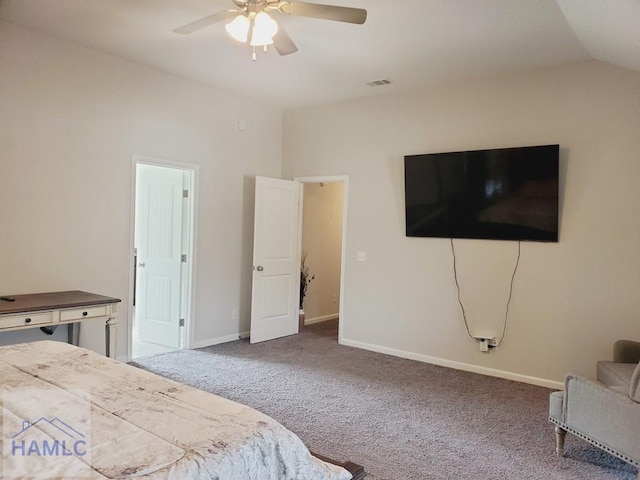 carpeted bedroom with lofted ceiling and ceiling fan