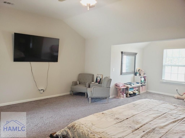 bedroom featuring carpet, lofted ceiling, and ceiling fan