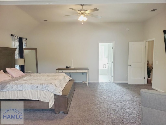 carpeted bedroom with lofted ceiling and ceiling fan