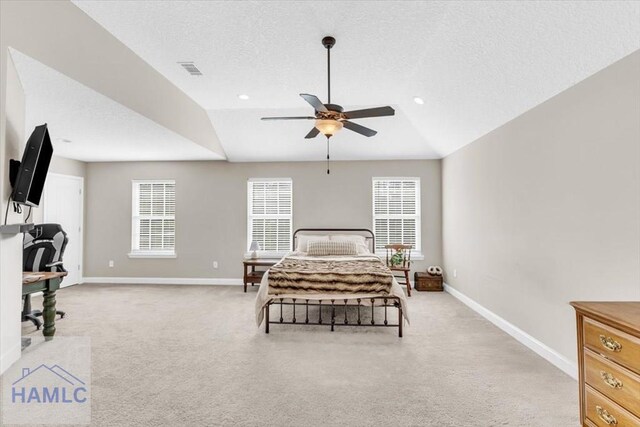 732 Waterlily Ct, Hinesville, GA 31313 - bedroom with baseboards, a textured ceiling, lofted ceiling, and light colored carpet