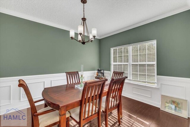 732 Waterlily Ct, Hinesville, GA 31313 - dining area featuring wainscoting, wood finished floors, a notable chandelier, and a textured ceiling