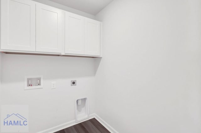 laundry room featuring hookup for a washing machine, cabinet space, hookup for an electric dryer, wood finished floors, and baseboards