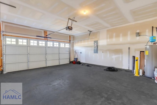 garage with a garage door opener, electric panel, and water heater