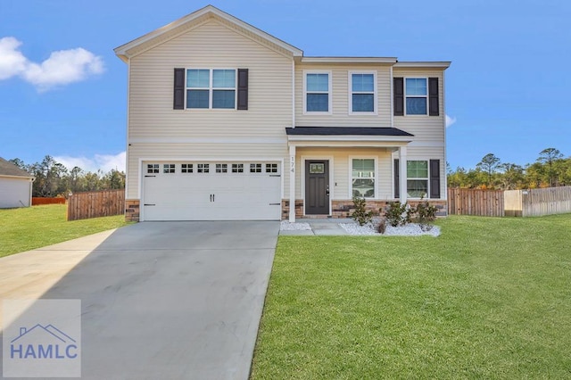 view of front facade with a front yard, stone siding, and fence