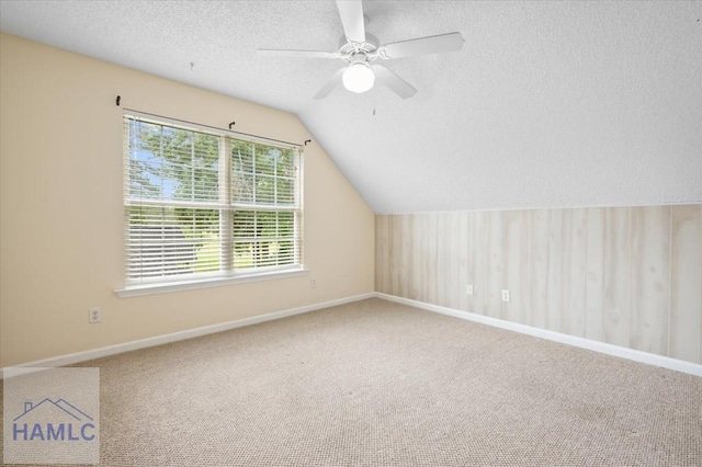 301 Marsh View Dr, Richmond Hill, GA 31324 - additional living space featuring carpet flooring, a textured ceiling, ceiling fan, and lofted ceiling