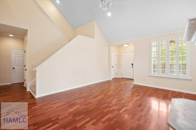 301 Marsh View Dr, Richmond Hill, GA 31324 - unfurnished living room featuring stairway, wood finished floors, high vaulted ceiling, ceiling fan, and recessed lighting