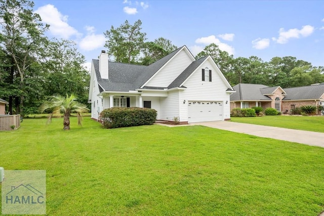 301 Marsh View Dr, Richmond Hill, GA 31324 - traditional home with concrete driveway, a chimney, a front lawn, and an attached garage