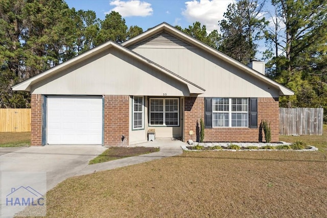 single story home featuring a front lawn and a garage