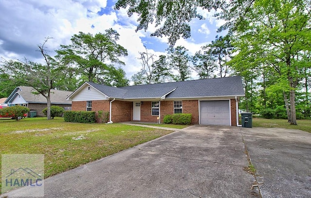 ranch-style house with a garage and a front yard