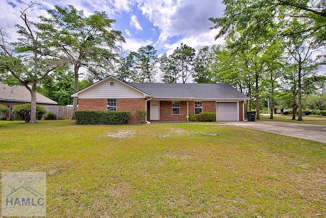 single story home with a garage and a front lawn