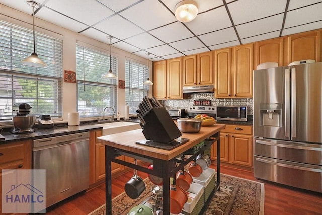 661 E Plum St, Jesup, GA 31546 - kitchen with stainless steel appliances, under cabinet range hood, dark wood finished floors, a paneled ceiling, and dark countertops
