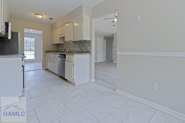 52 Pheasant Way, Hinesville, GA 31313 - kitchen featuring light tile patterned flooring, visible vents, dishwasher, backsplash, and a ceiling fan