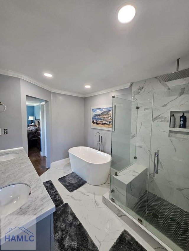 bathroom featuring crown molding, vanity, and plus walk in shower