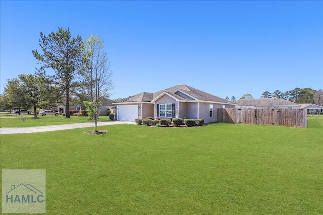 ranch-style home featuring a front lawn, an attached garage, fence, and concrete driveway