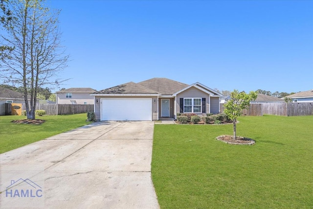 ranch-style house featuring a front lawn, fence, an attached garage, and concrete driveway