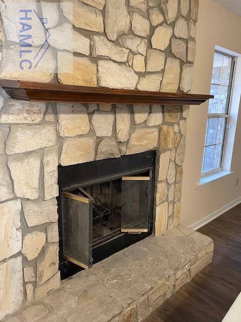 details with wood-type flooring and a fireplace